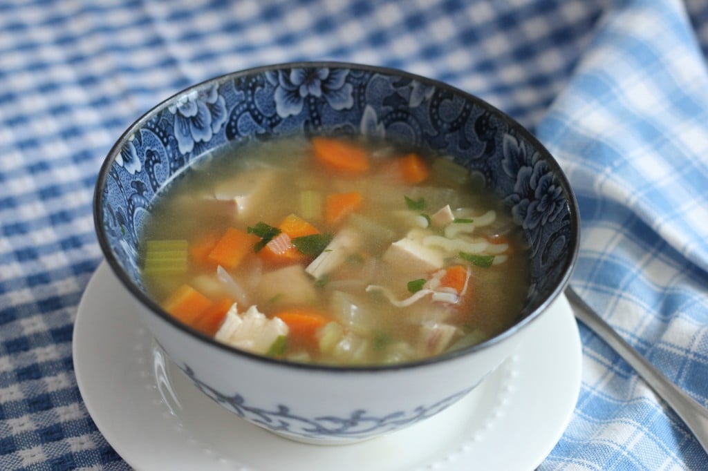 IMG_3285 chicken soup in blue-flowered bowl