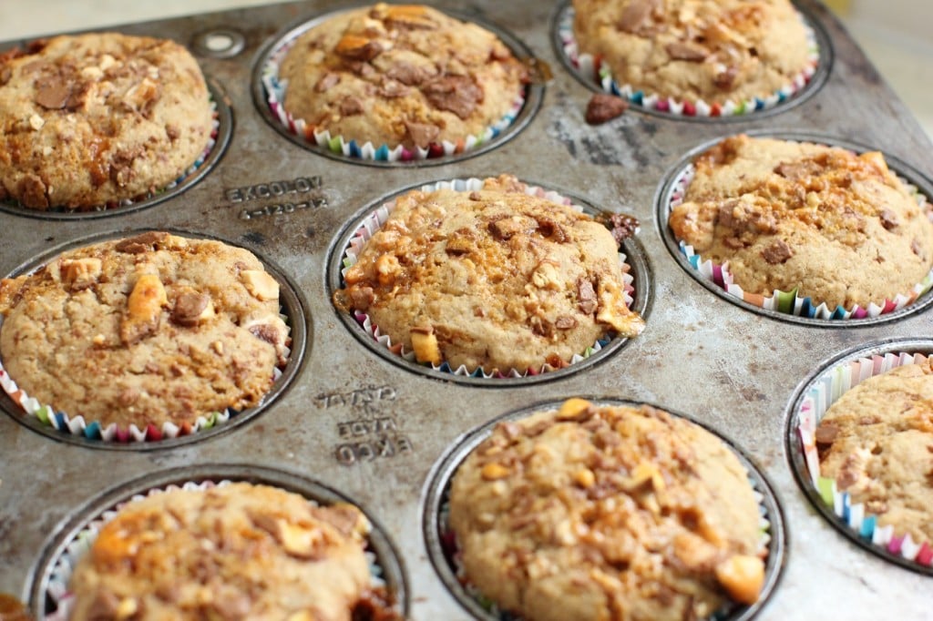 candy bar muffins out of the oven