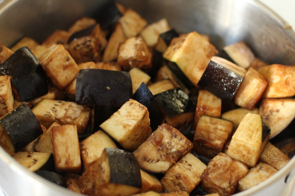 toss the eggplant cubes to coat them in the braising liquid
