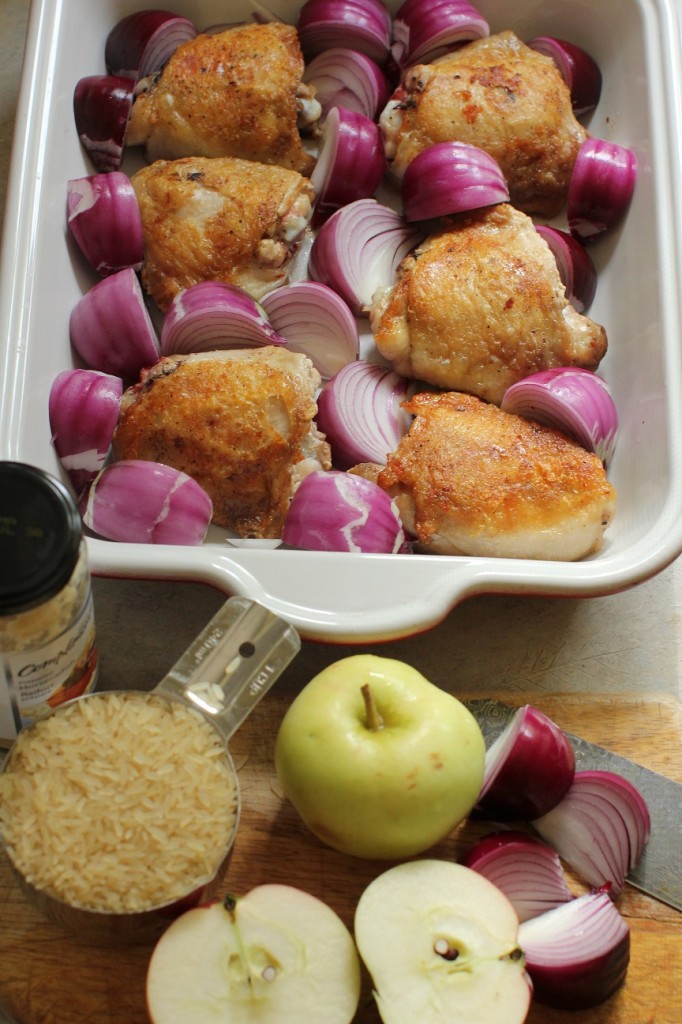 autumn one pan chicken bake with apples, onions, and horseradish