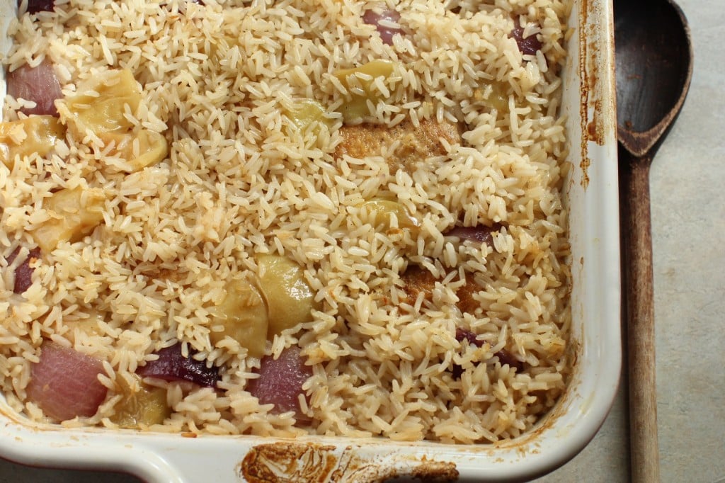 autumn chicken bake with apples, onions, and horseradish