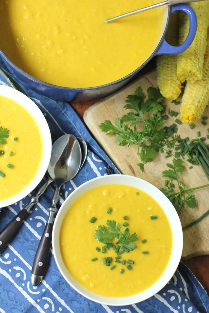 pot and bowls of sweet corn bisque
