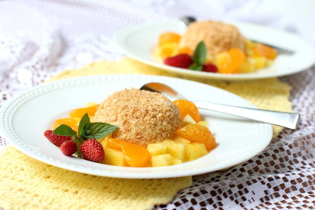 coconut and white chocolate mousse with pineapple oranges