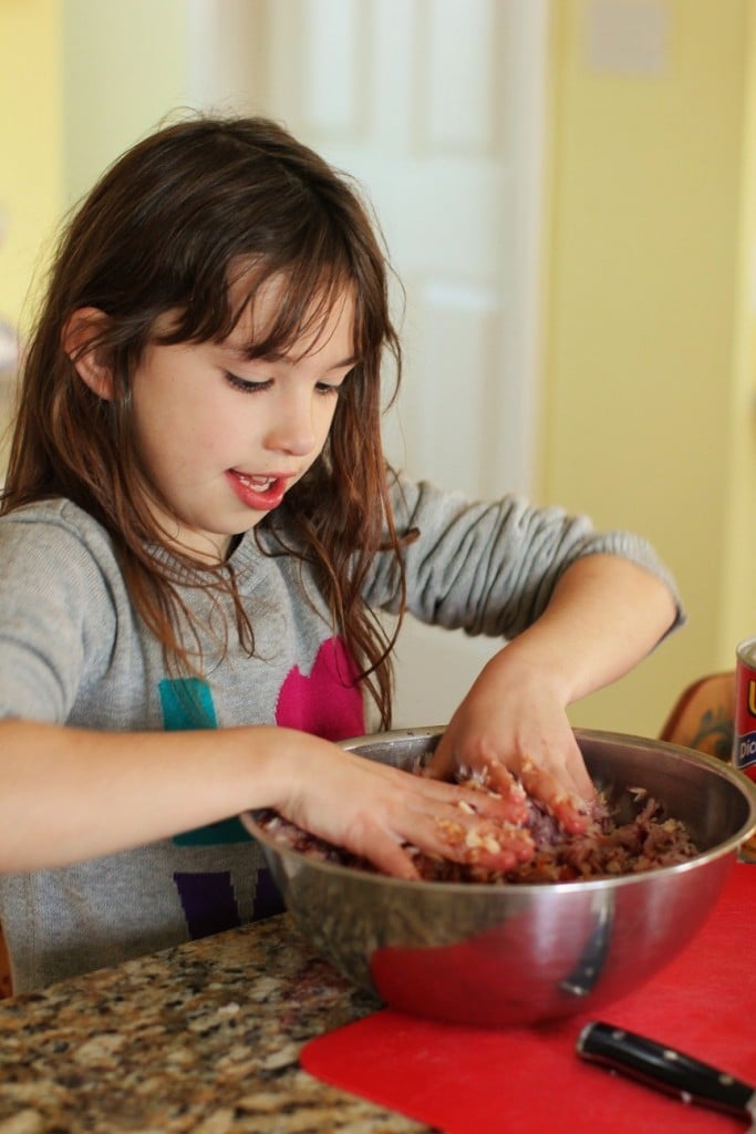 Cooking with Kids: Smooshing the Porcupine Meatball Mixture