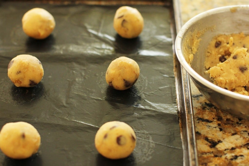 Gluten Free Chocolate Chip Cookies, in pan ready to bake