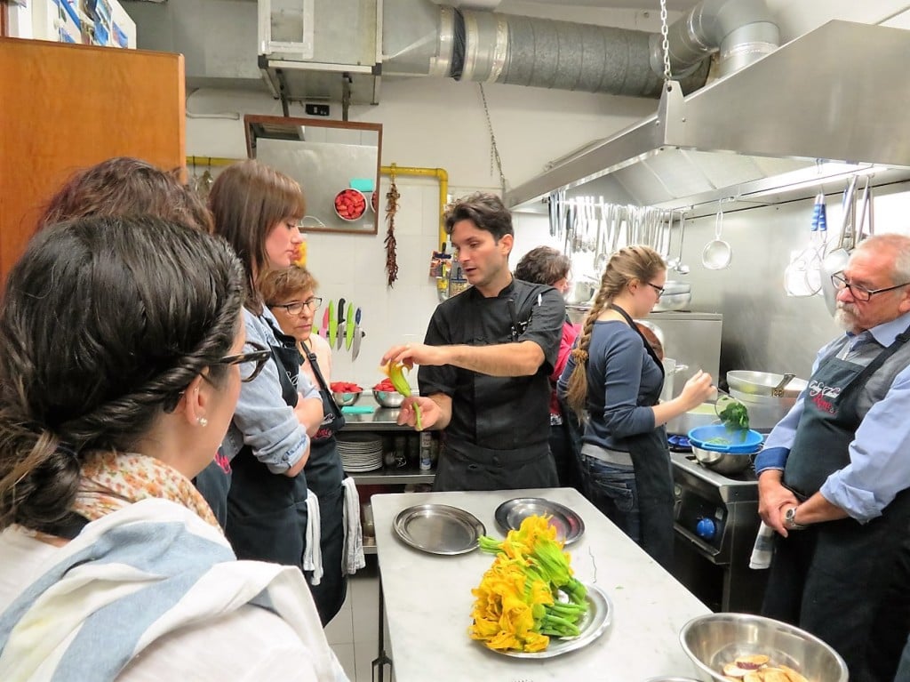 chicken breast with orange sauce, Chef Andrea showing us how to remove the zucchini blossom stamen