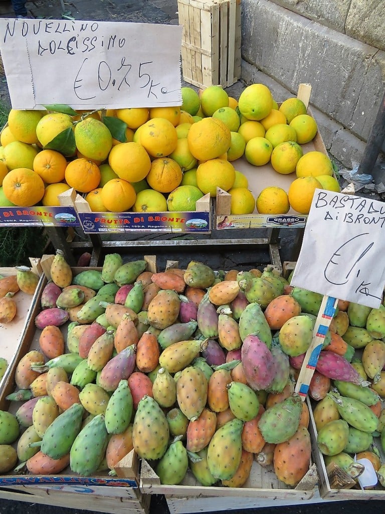 cactus fruits and oranges at market in Sicily