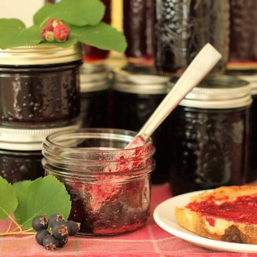 Jars of saskatoon jelly, with half empty jar in front, small plate with slice of toast with saskatoon jelly on top. Thumbnail.