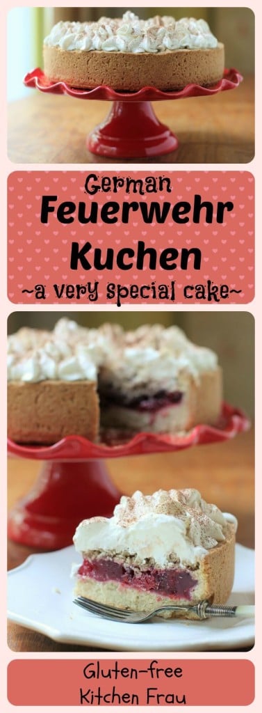 Feuerwehrkuchen is a special German cake – buttery base, luscious sour cherry filling, nutty crumble, topped with fluffy whipped cream. 