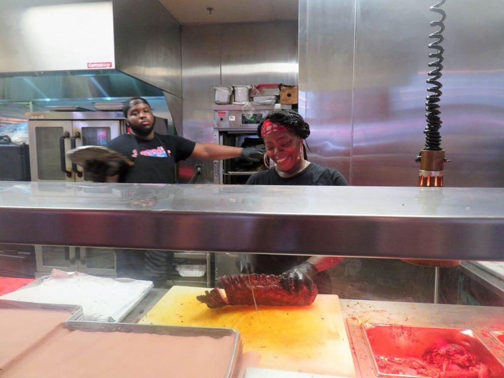 shrimp and grits; cutting the ribs for St. Louis style barbecue