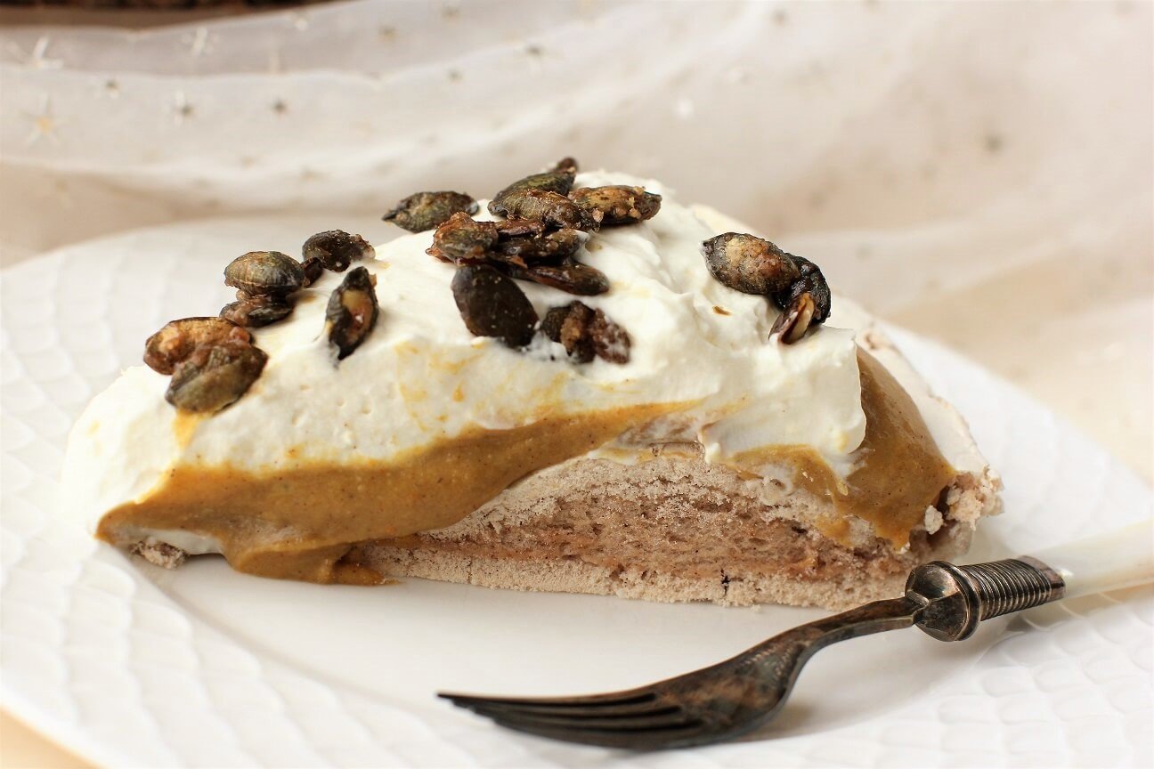 a slice of pumpkin pavlova