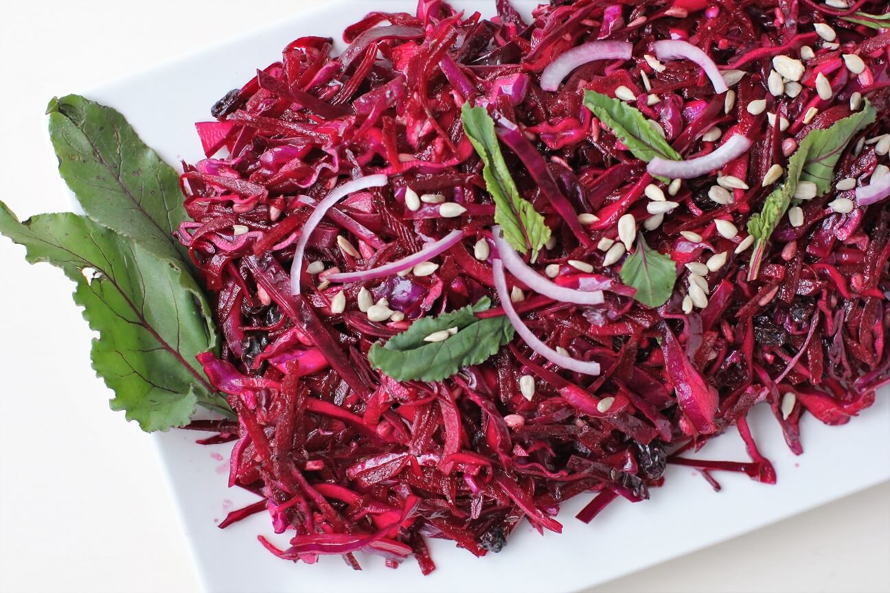 purple power slaw with red cabbage, beets, and red onion