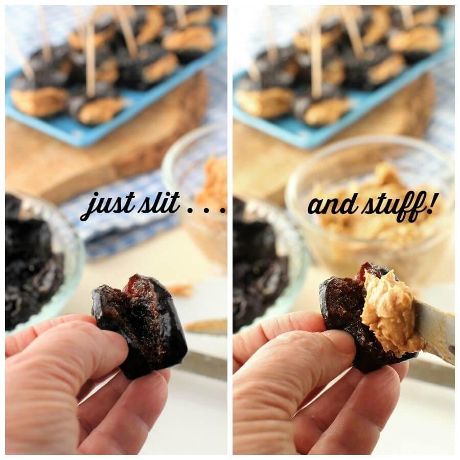two easy steps for making peanut butter stuffed prunes - just slit and stuff!