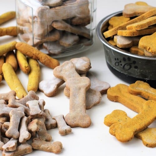 a selection of homemade dog biscuits, different sizes and shapes