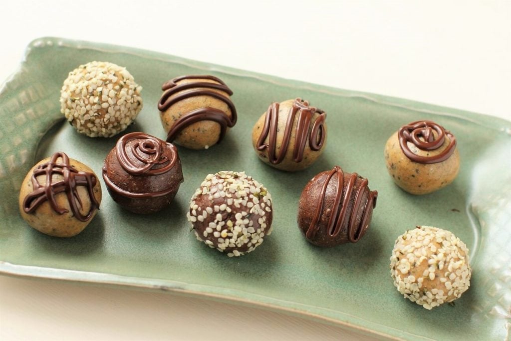 fancy protein balls with chocolate swirls