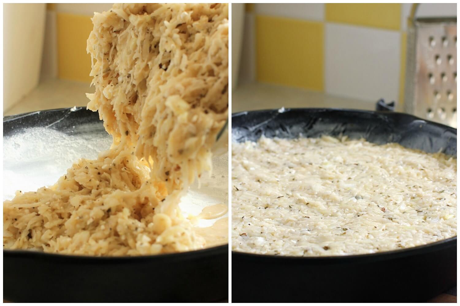 filling the pan with potato mixture