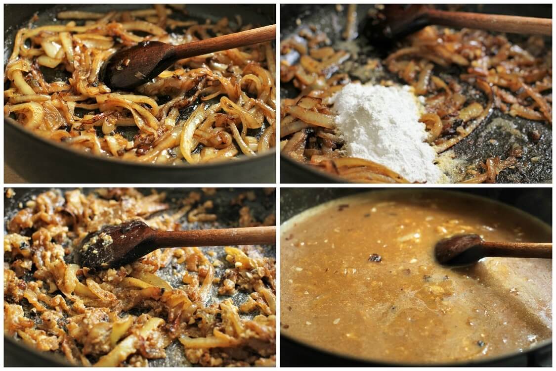 the four stages of making the onion gravy