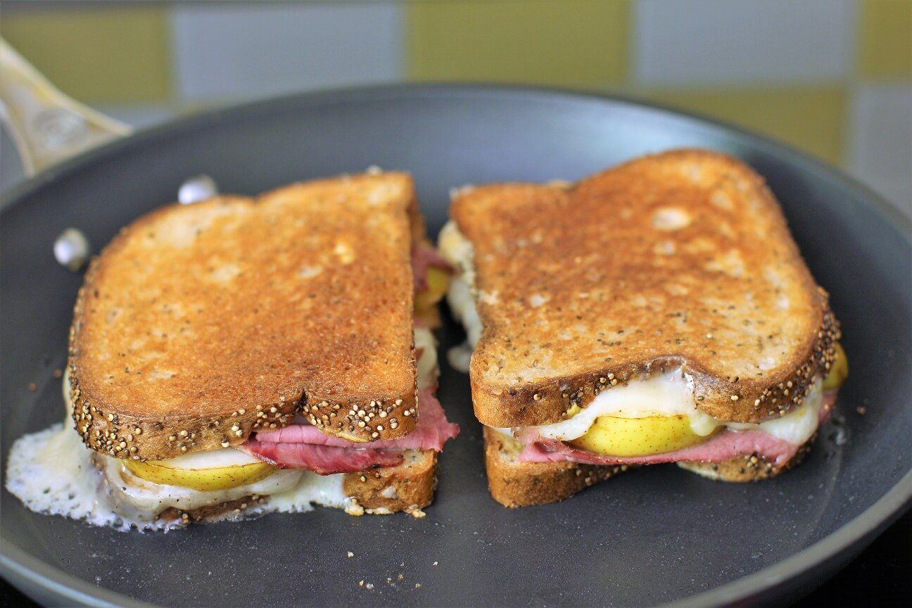 frying the grilled cheese sandwich using whole grain gluten free bread