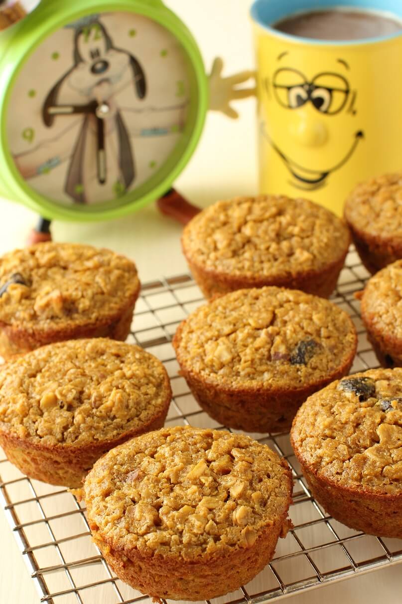 rack of pumpkin baked-oatmeal muffins cooling