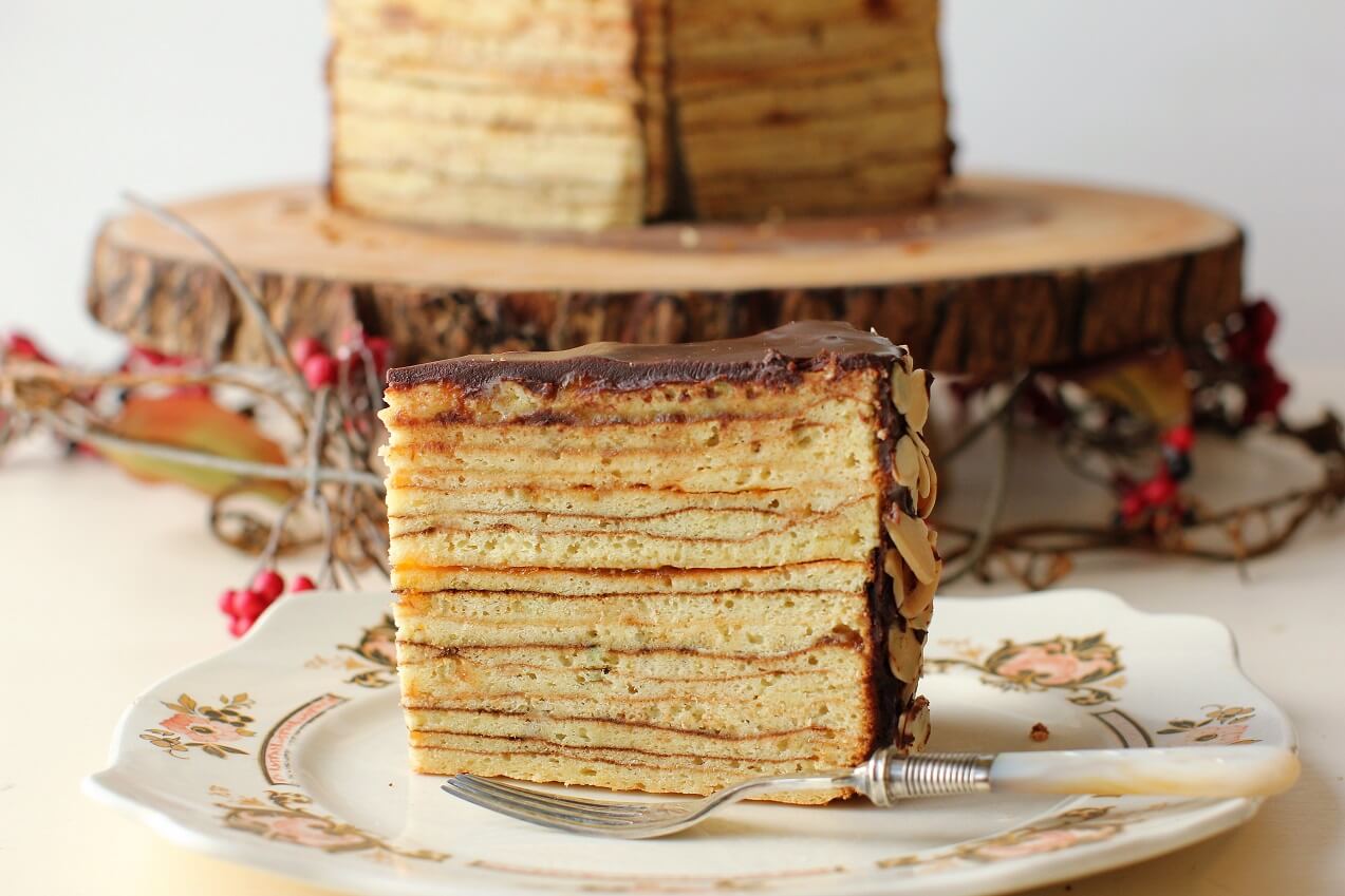 a perfect slice of Baumkuchen on a plate
