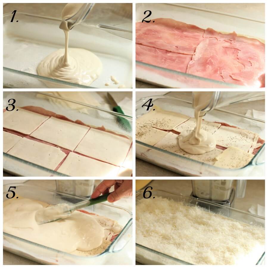 6 picture collage of Torta de Fiambre making