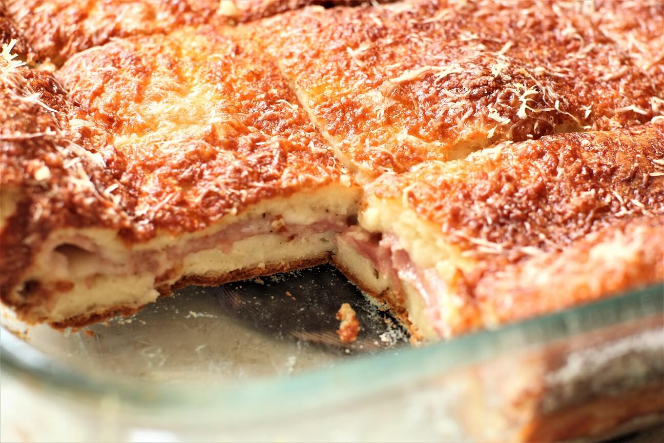 Torta de Fiambre in the pan, baked and golden