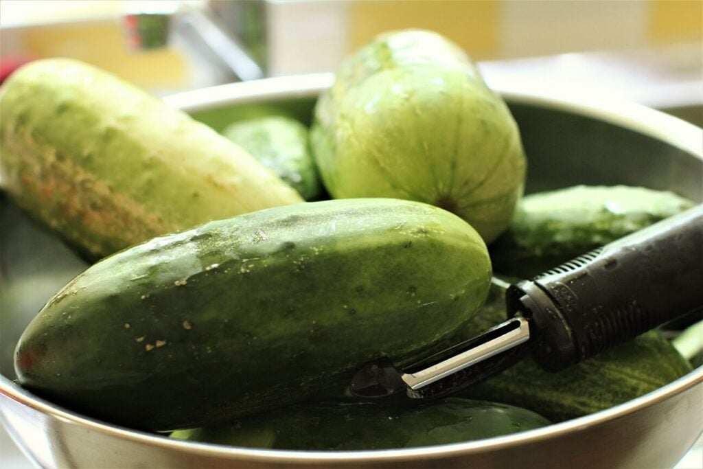 a bowl of overripe cucumbers