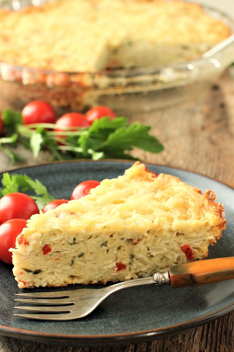 slice of puffball pie on a plate in front, pie dish in back