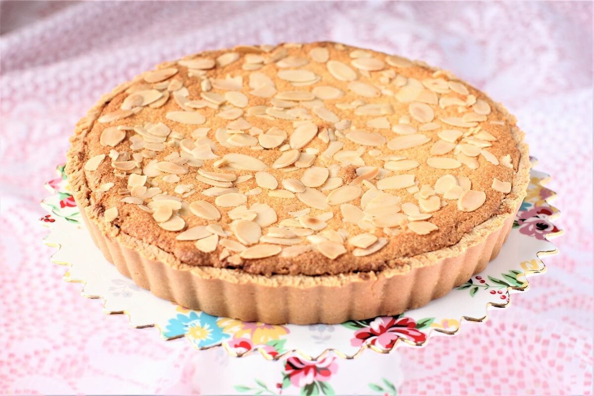 bakewell tart out of the oven and cooling