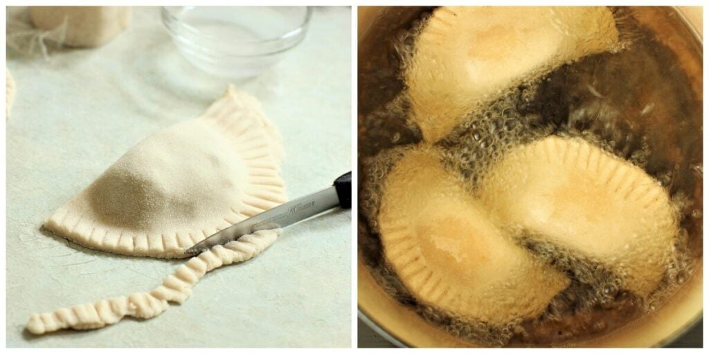 trimming off the excess dough from the empanadas, then frying them in hot oil