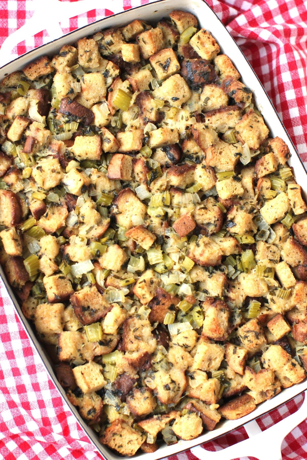 top-down view of the white pan full of stuffing, just out of the oven.