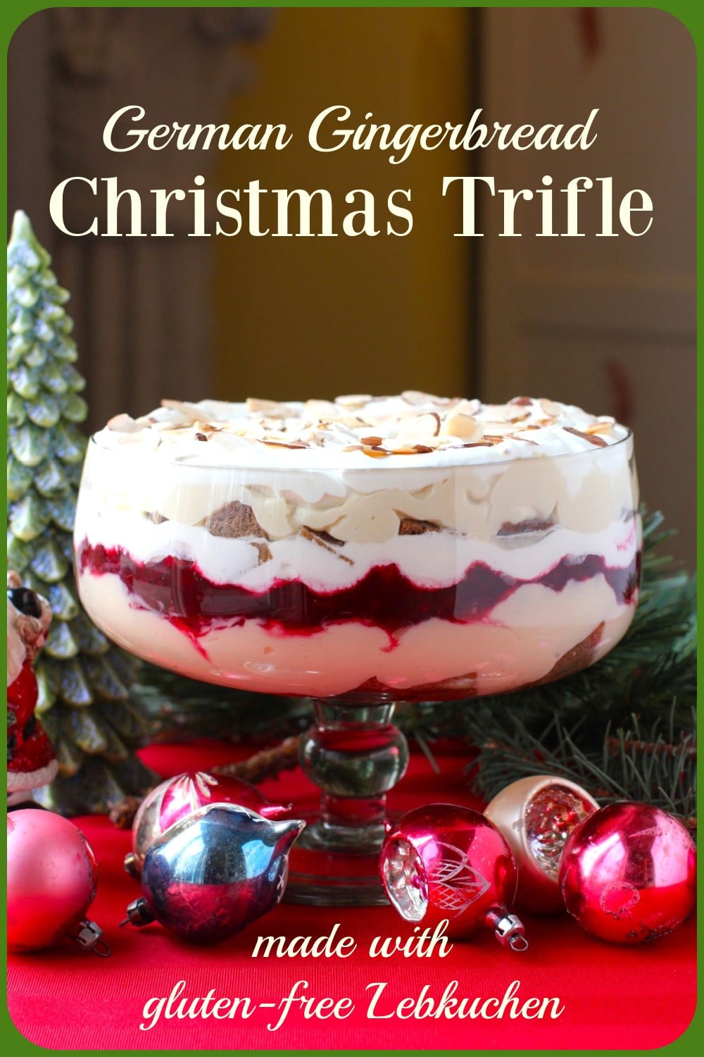 Trifle banner with a half batch of smaller trifle in a footed glass bowl.