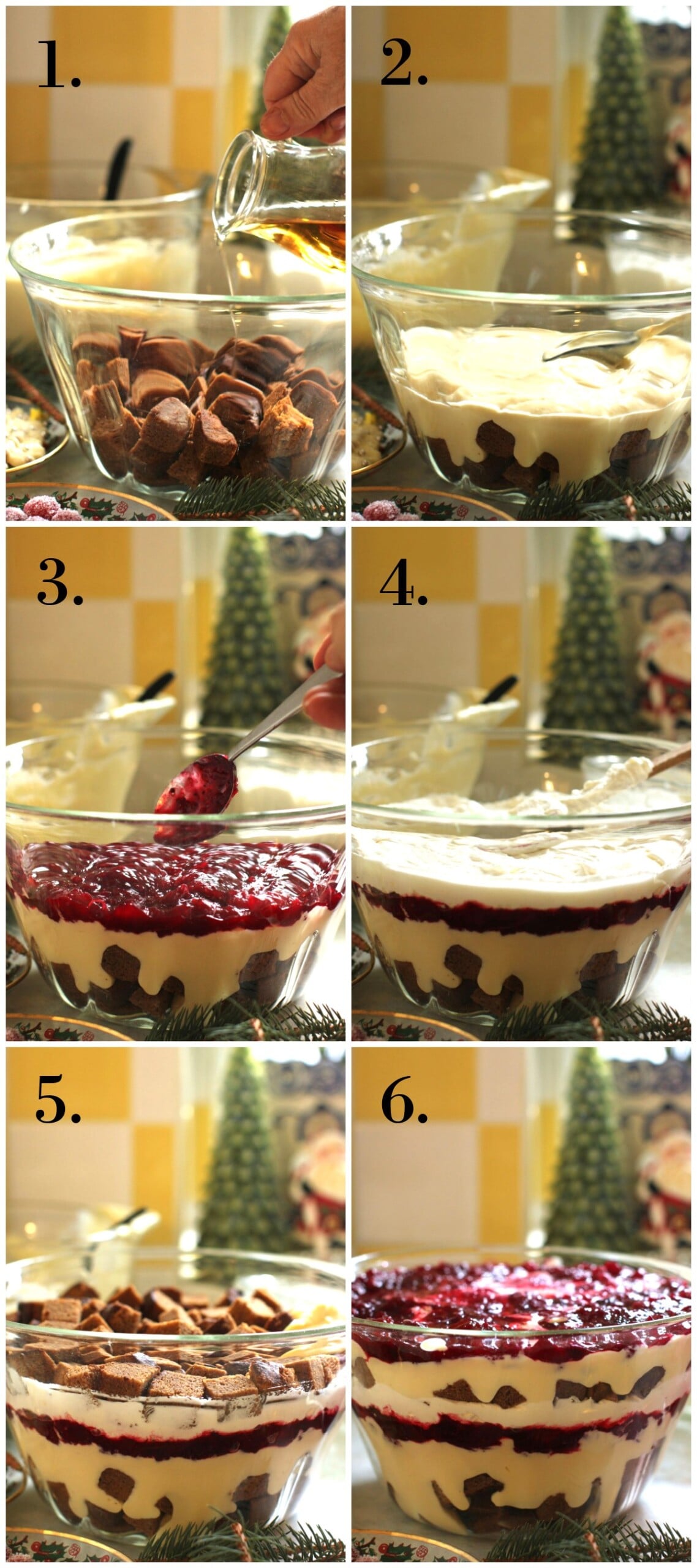 collage of steps for how to layer a Christmas trifle.