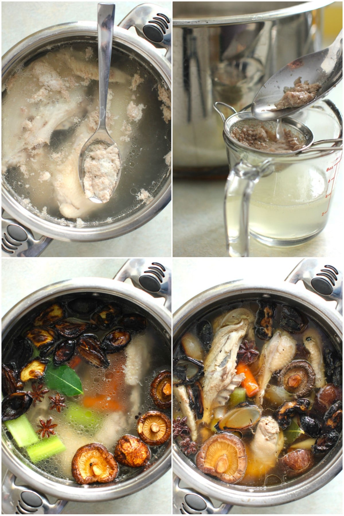 4 photos showing how to make a pho broth. chicken in water and skimming off the broth, straining the foam, adding the other ingredients, the cooked broth.