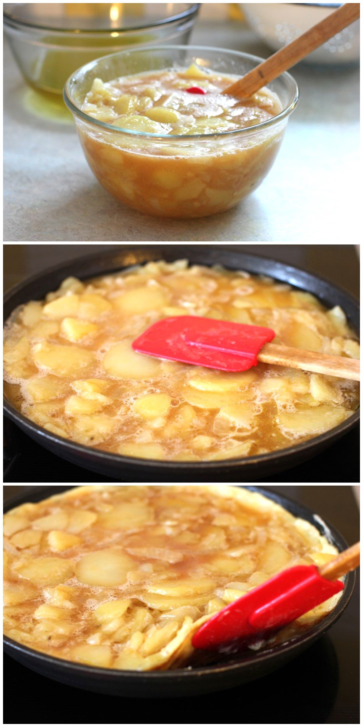3 photo collage of cooking the potatoes and eggs in the skillet.
