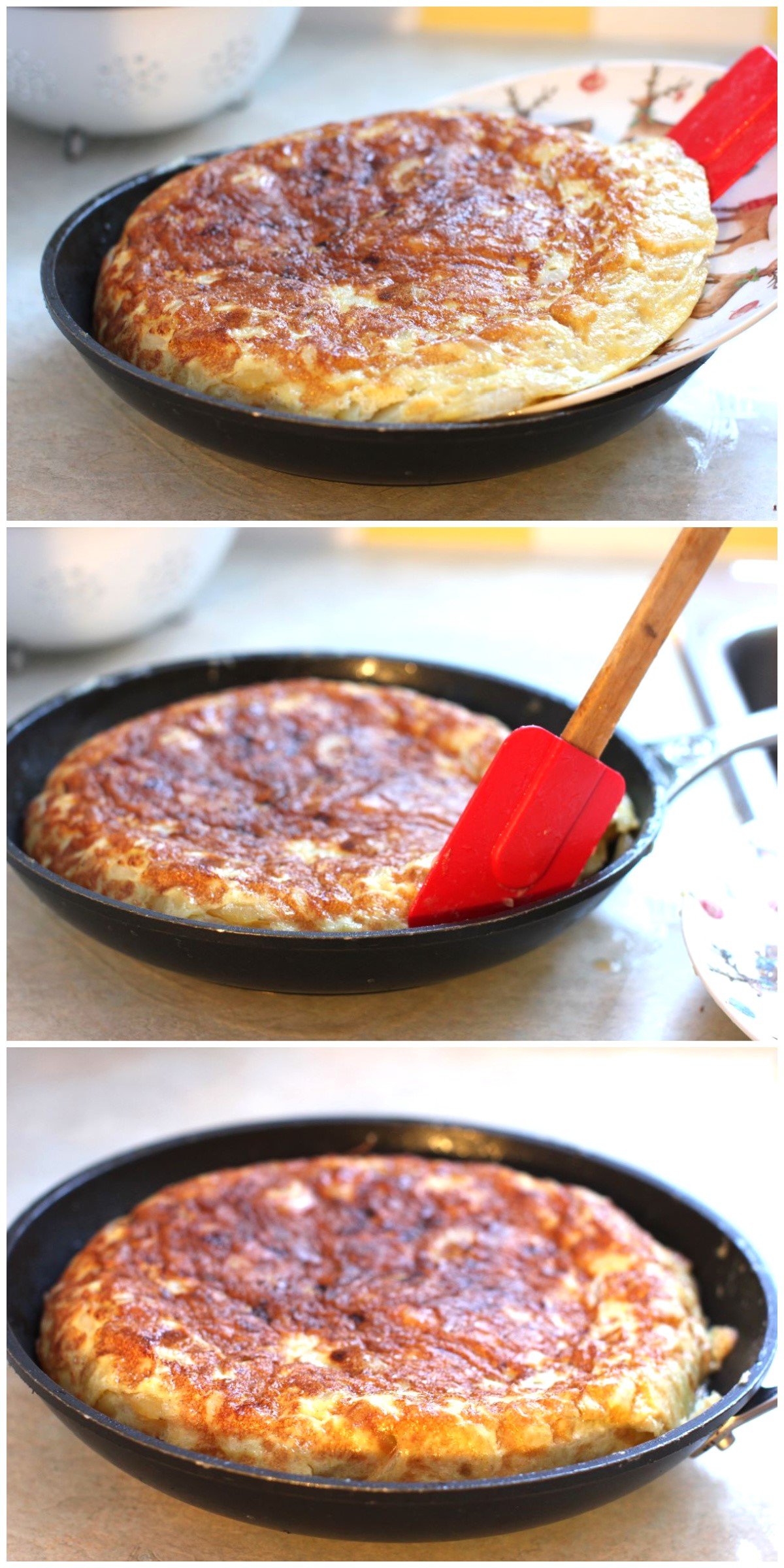 3 photo collage for cooking the second side of the tortilla.