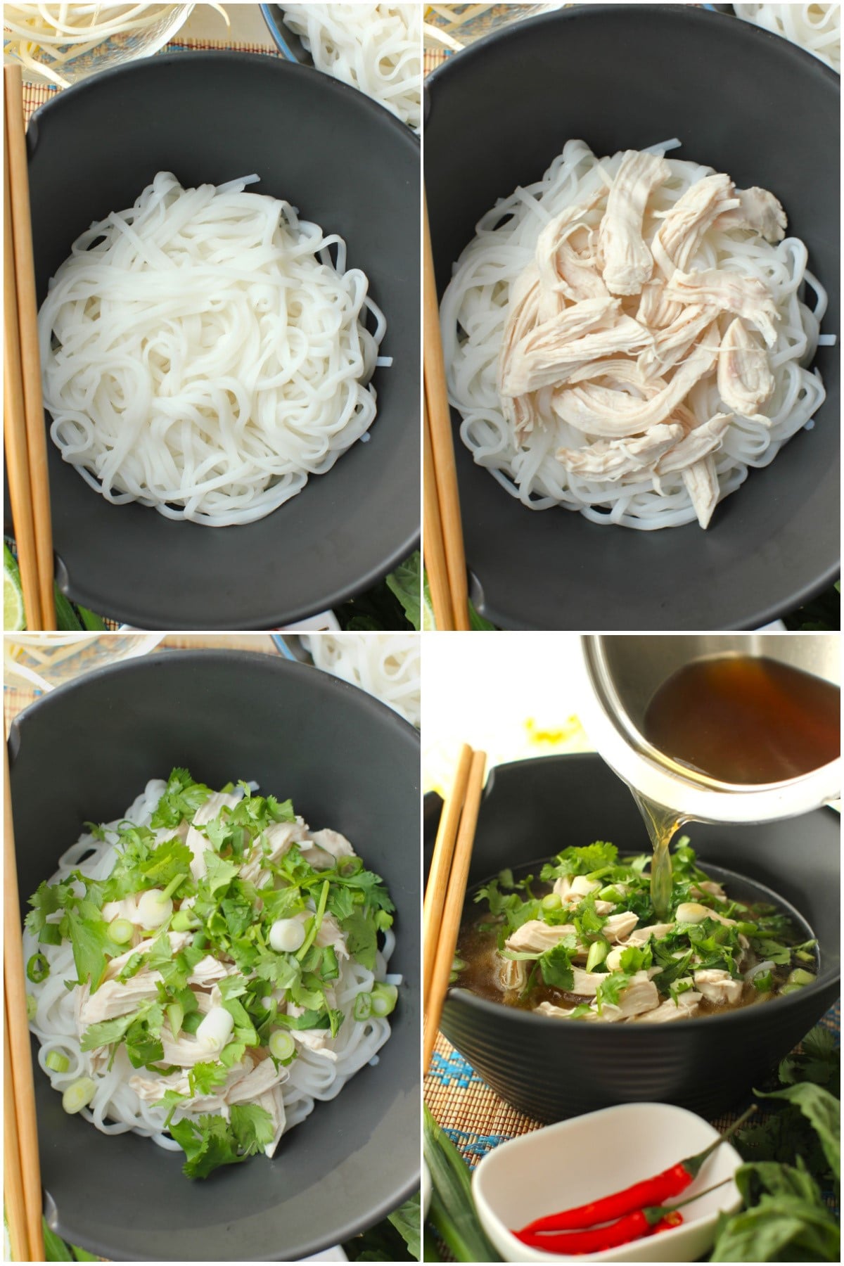 4 photos showing how to layer the soup in bowls; first noodles, then chicken, then herbs, then broth.