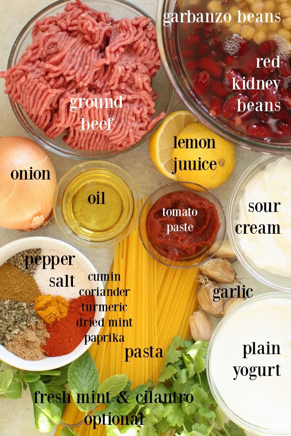 photo of all the labeled ingredients needed to make aush noodle soup.