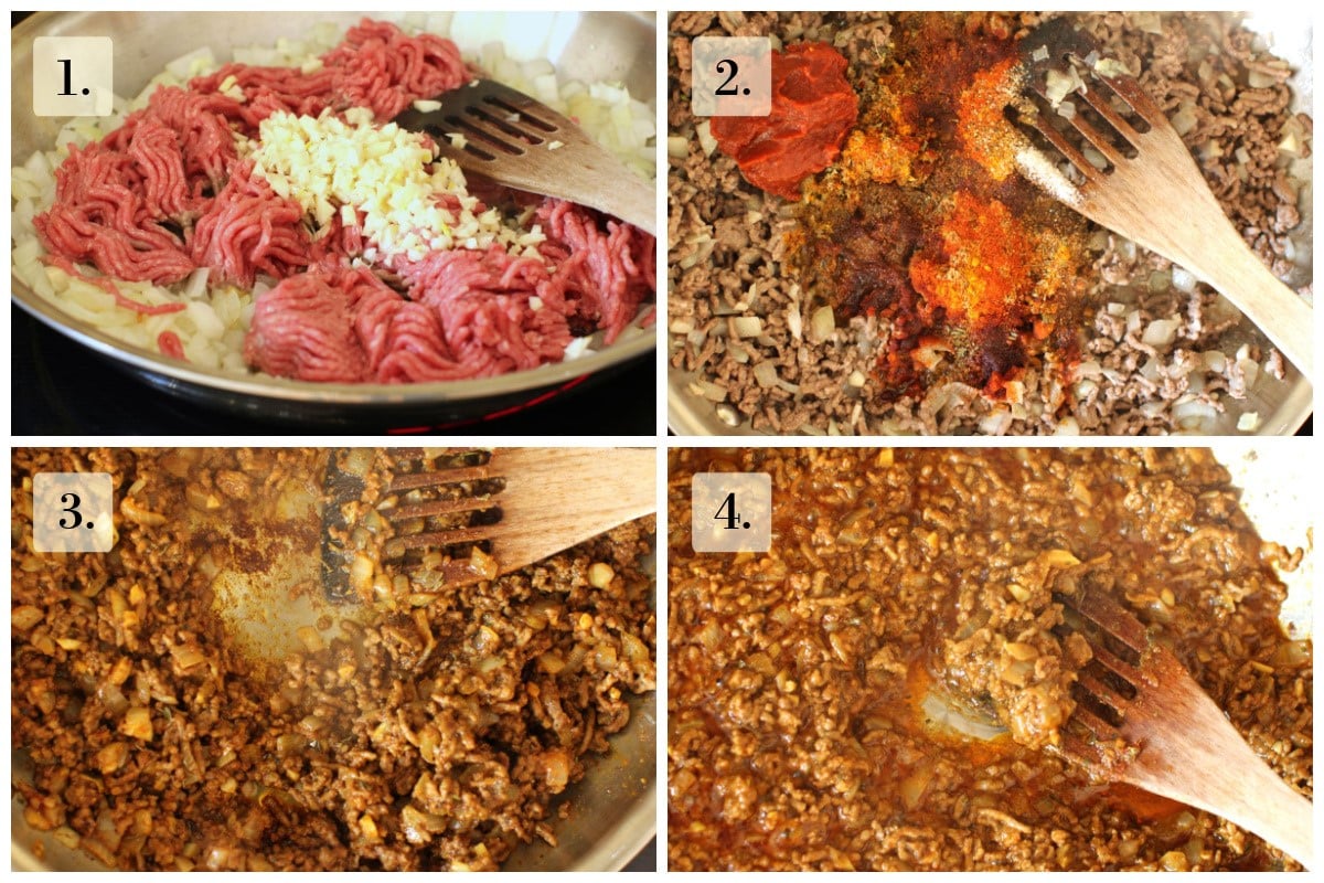 4 photo collage of making the meat sauce for aush - cooking the onions, meat and garlic, adding the tomato sauce and spices, cooking the mixture until it sticks to the pan, adding liquid and simmering until it's a thick sauce.