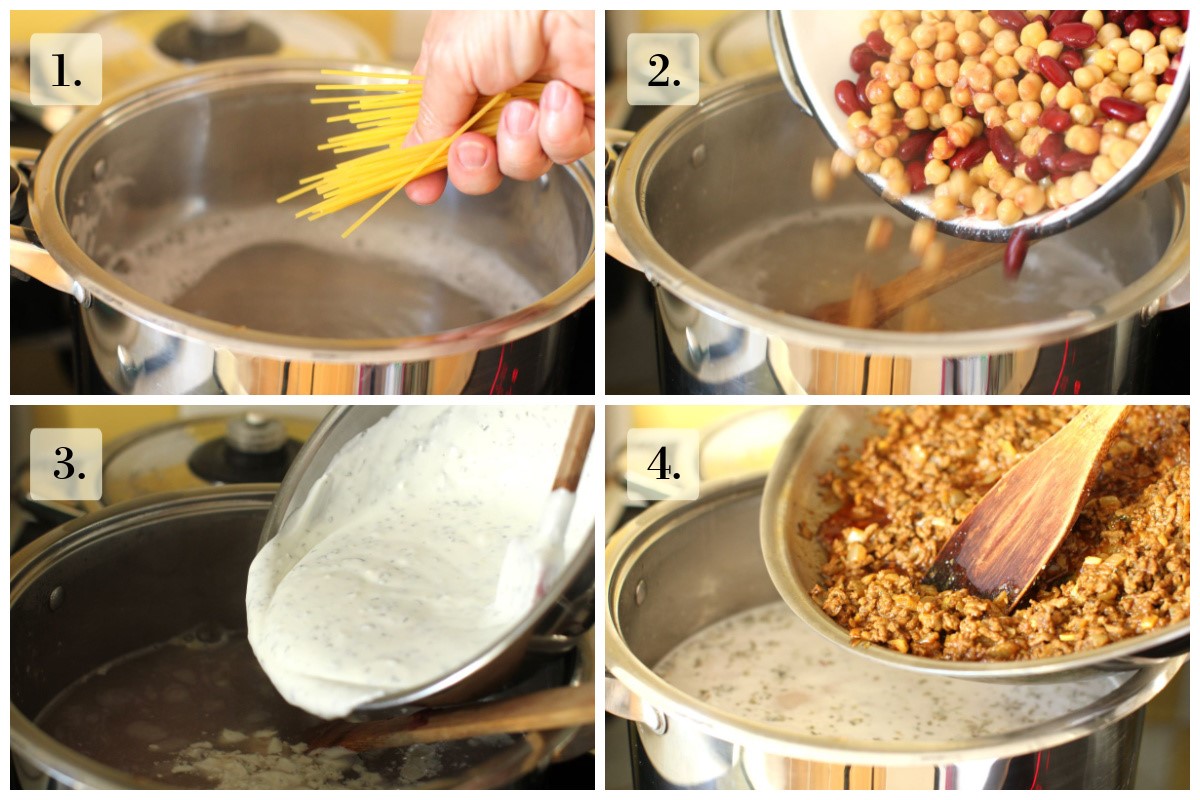 4 photo collage making the soup - adding the noodles to the boiling water, adding the canned beans, then half of the yogurt sauce and half of the meat sauce.