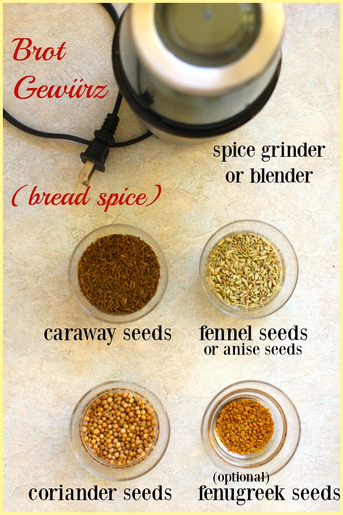 top down look at the ingredients for Brot Gewürz - four little bowls with different spice seeds in them, spice grinder at top, all labeled.
