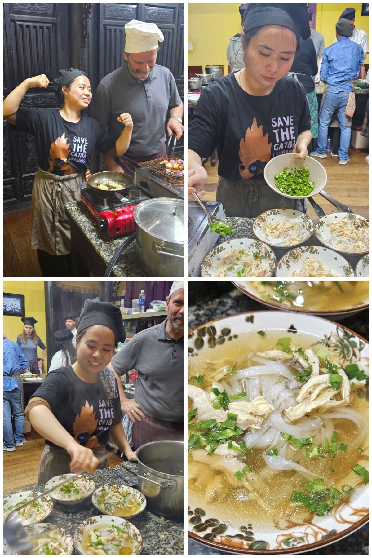 Collage of photos of making pho soup in cooking class in Hoi An, Vietnam.