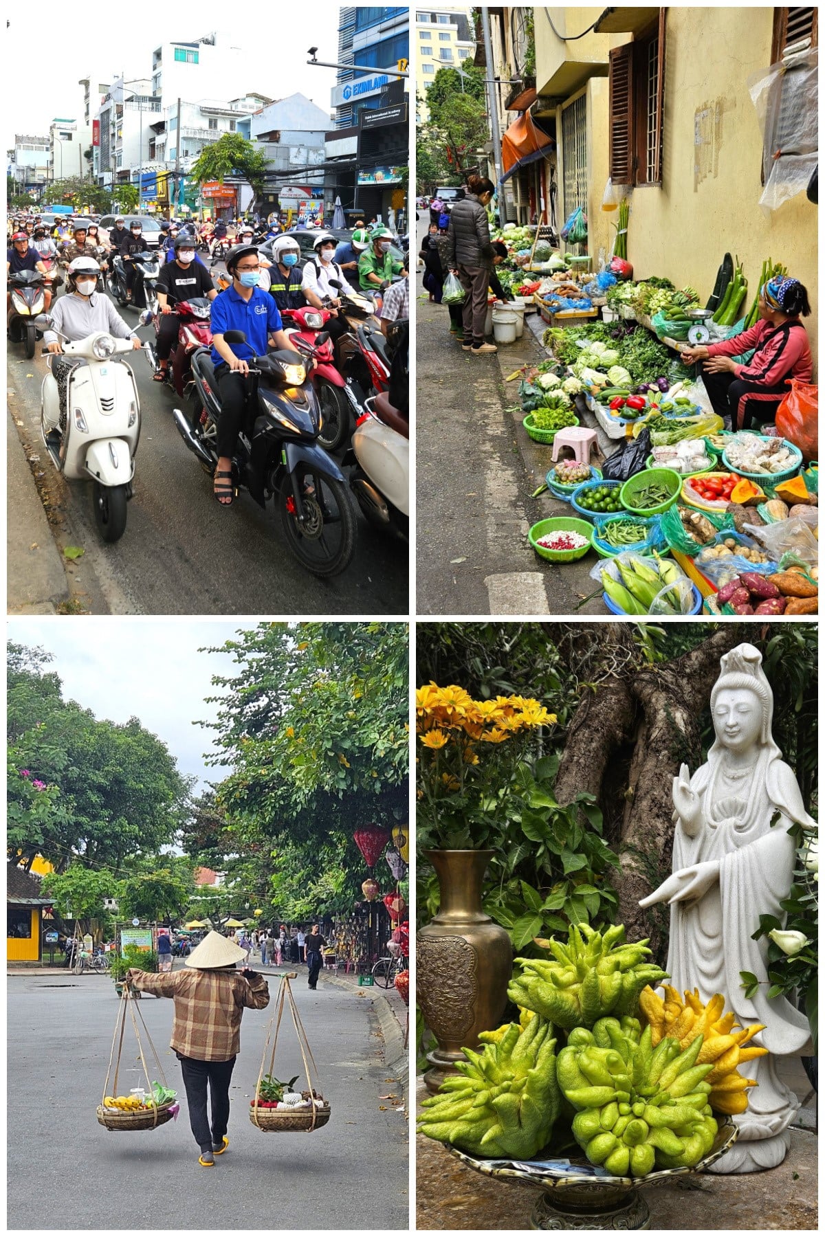 4 picture collage clockwise from top left: millions of motorbikes in Saigon, alley market in Hanoi, fruit seller in Hoi An, buddha's fingers offerings in temple in Hanoi.
