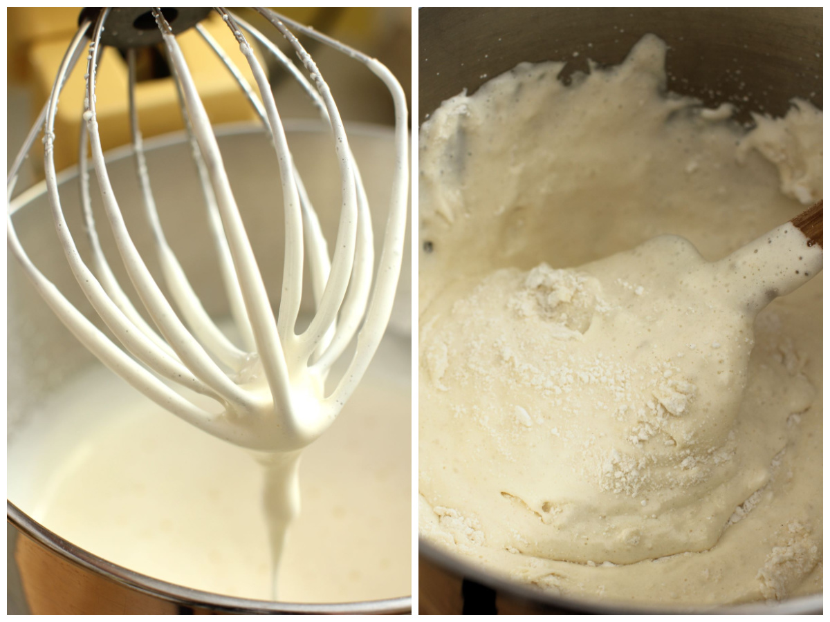 2 photo collage - whipped eggs in beater bowl, folding flour into eggs.