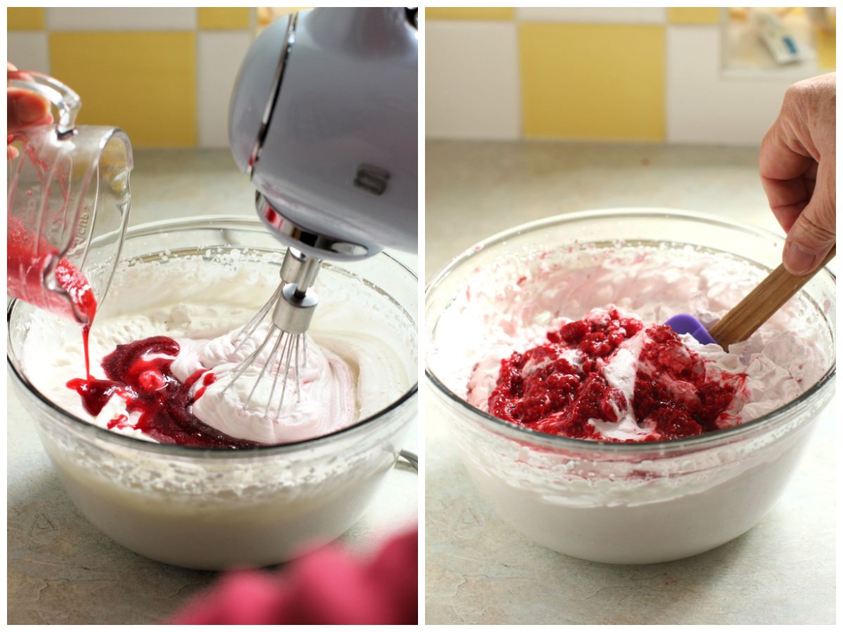 2 photo collage - pouring the gelled raspberry juice into the beating egg whites in bowl, folding in the raspberries.