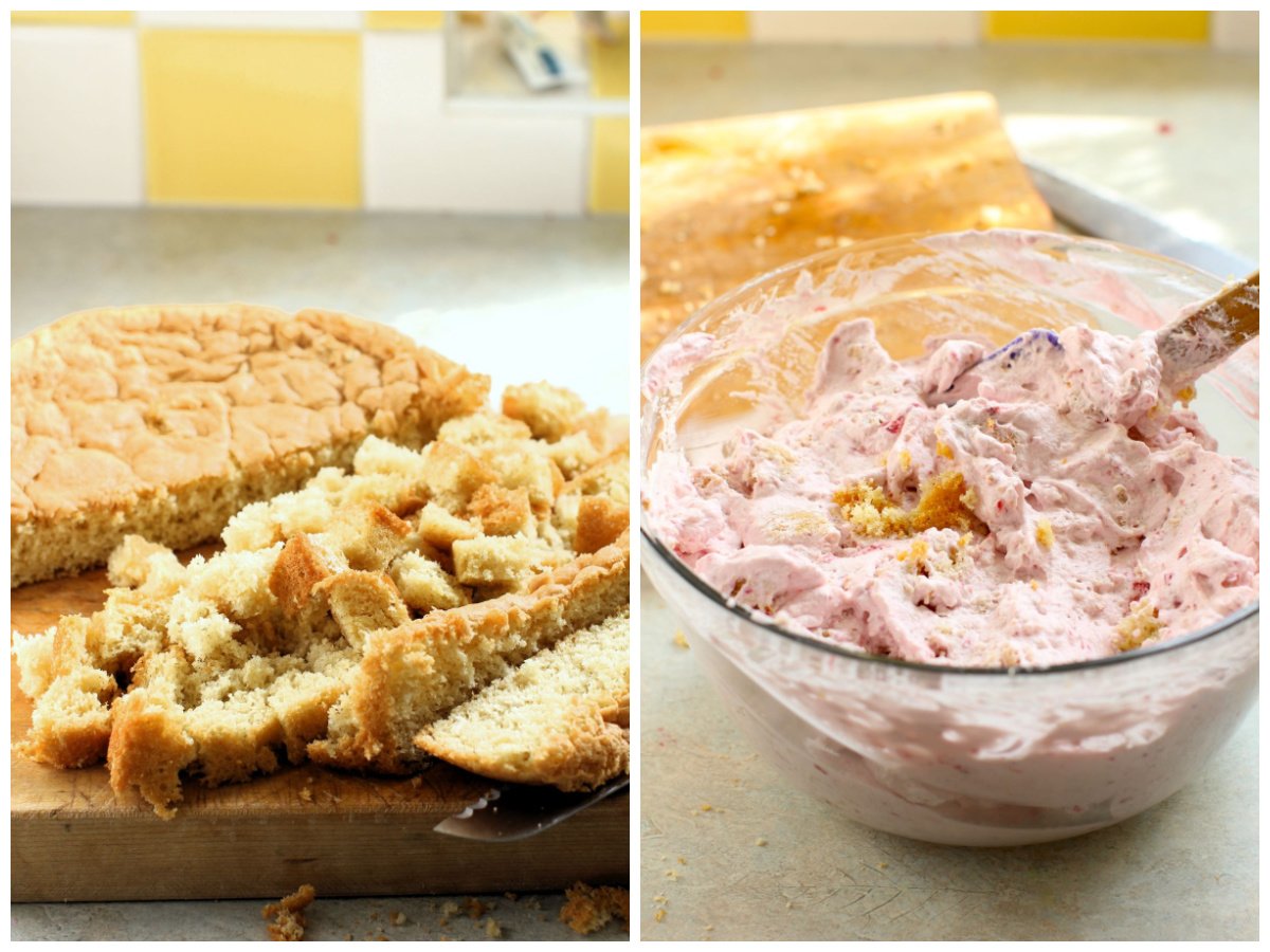 2 photo collage - cutting the sponge cake into cubes, folding the sponge cake cubes into the raspberry whipped cream.