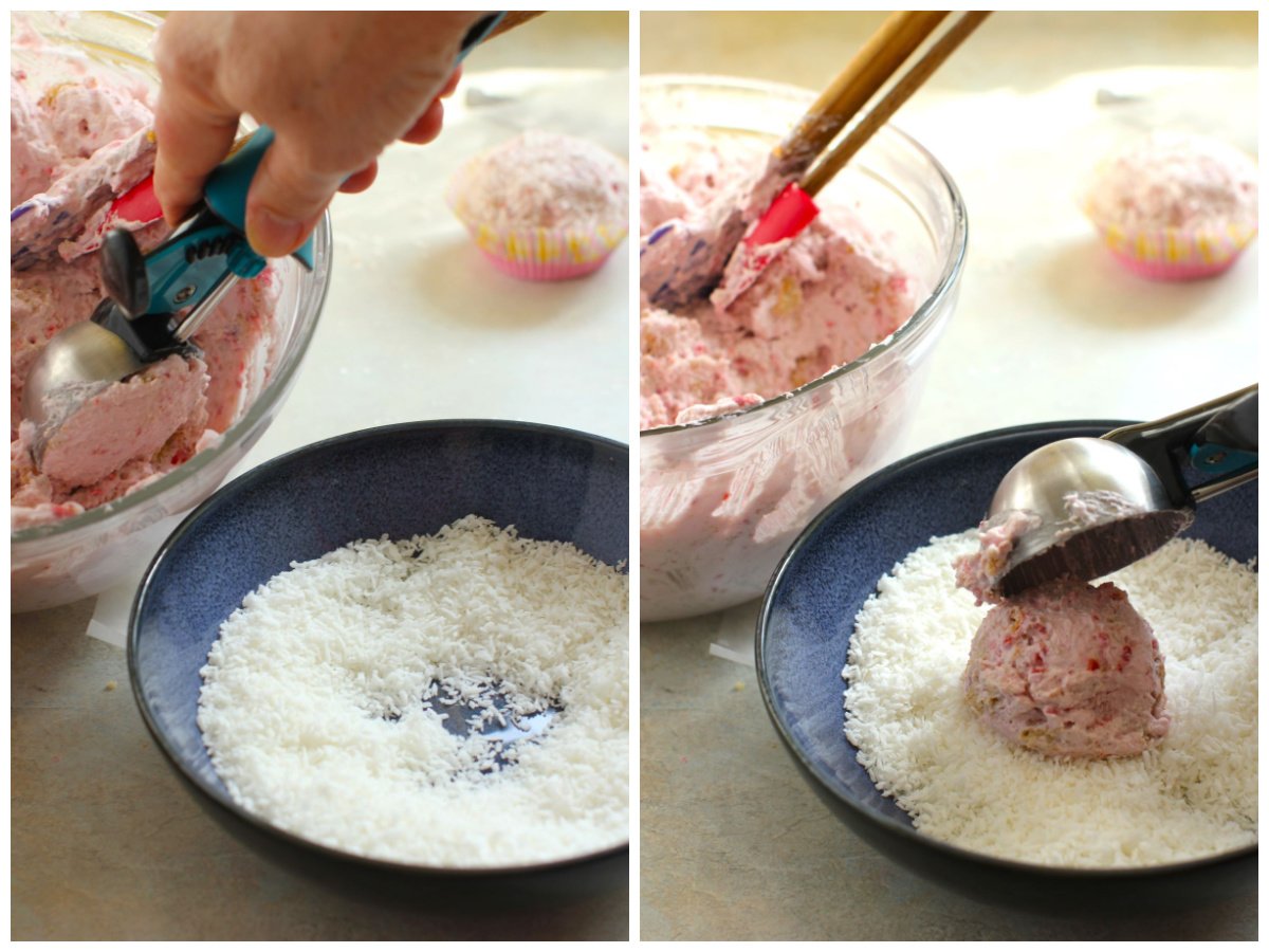 2 photo collage - scooping the raspberry cream out of the bowl, dropping the scoop into the bowl of shredded coconut.