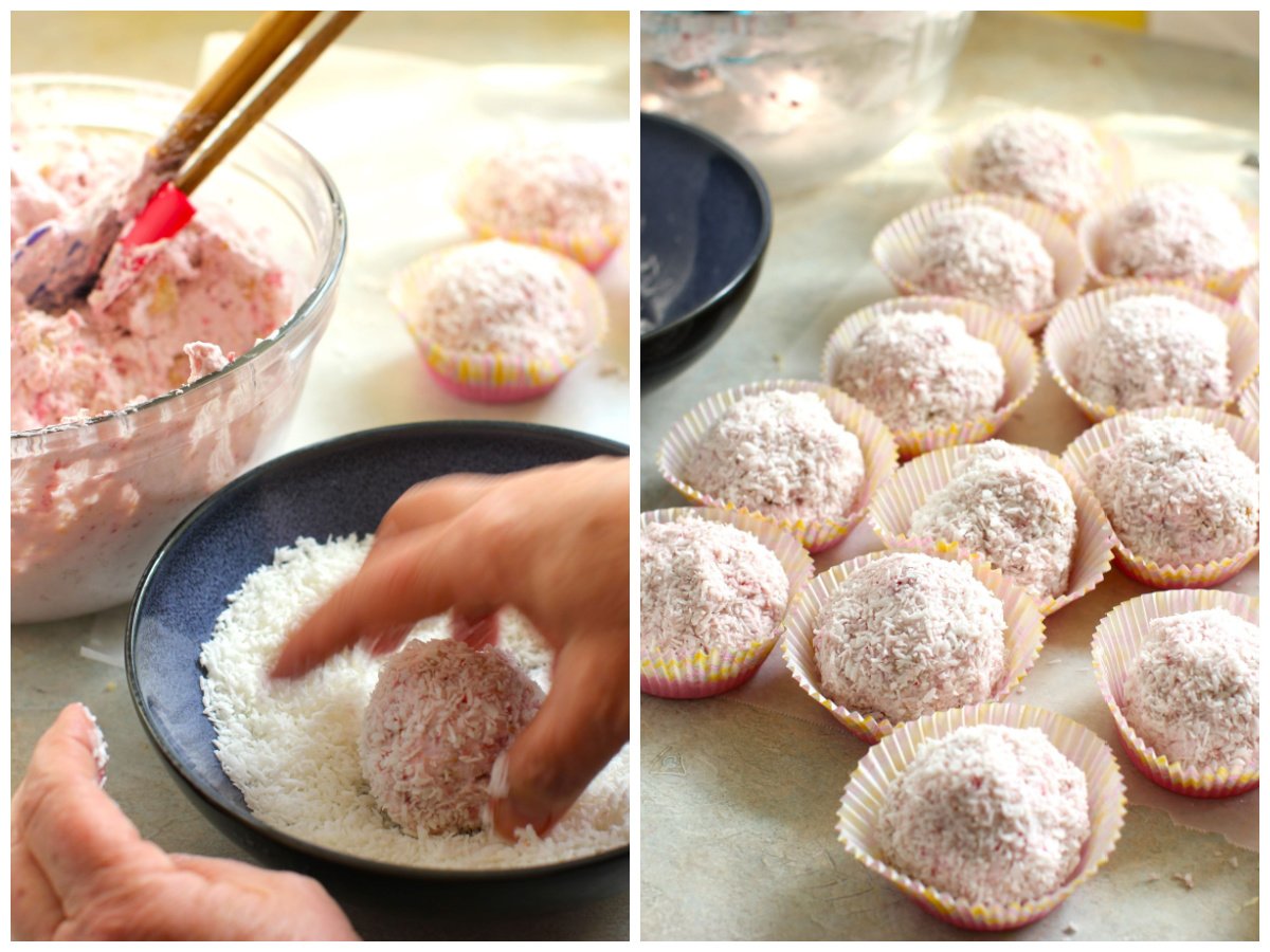 2 photo collage - rolling the ball of raspberry cream in the shredded coconut, paper cupcake liners filled with Schneeballen.Gluten
