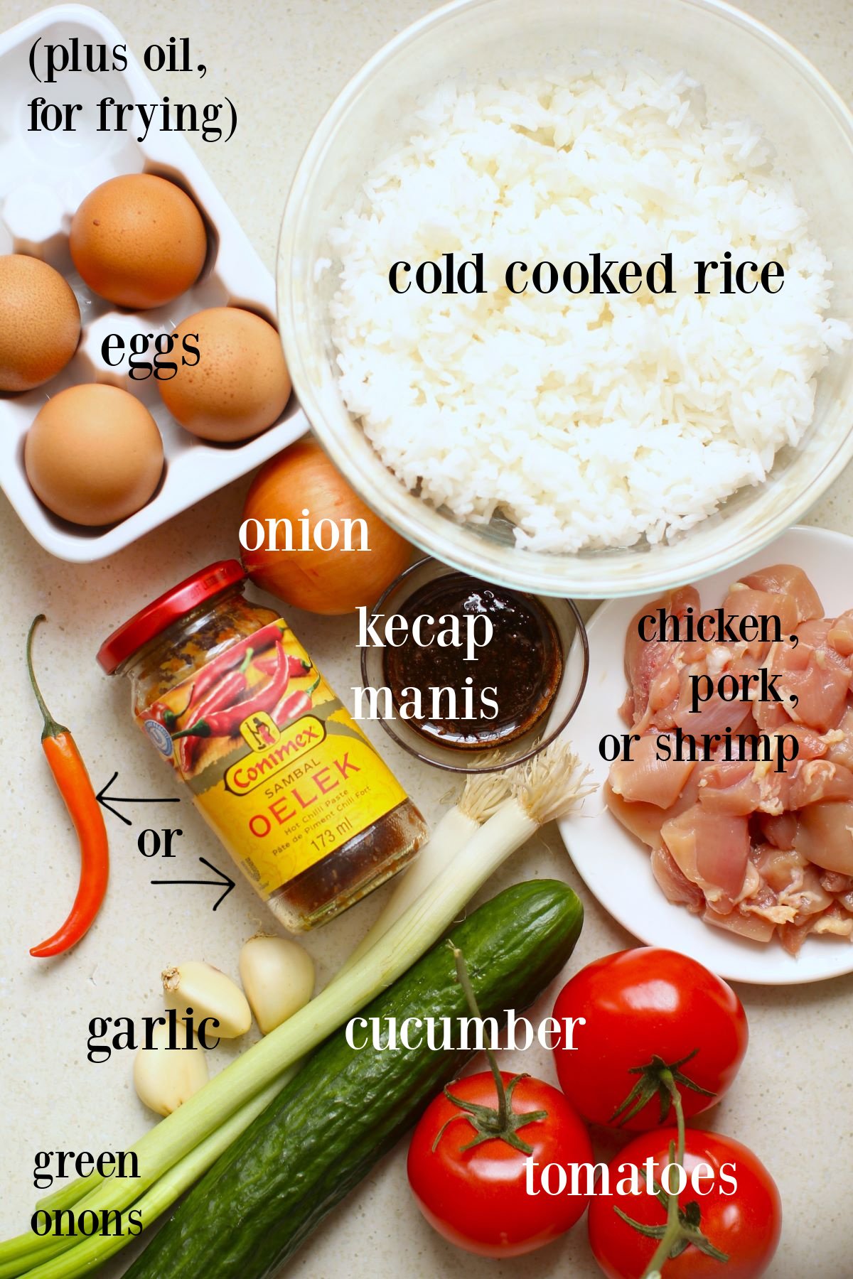 labeled ingredients needed to make Nasi Goreng.