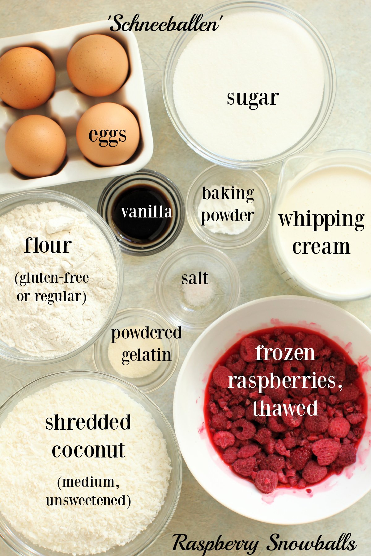 ingredients in small bowls, labeled, for Raspberry Snowballs (Schneeballen).
